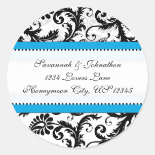 Sticker Rond Phoque Mariage Damask noir Aquamarine Trim