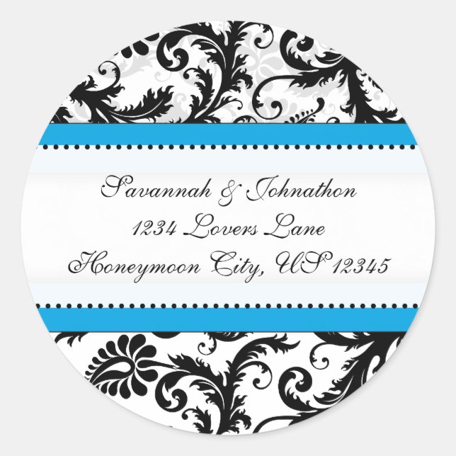 Sticker Rond Phoque Mariage Damask noir Aquamarine Trim (Devant)
