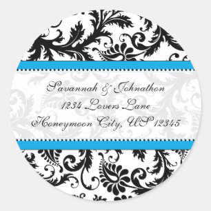 Sticker Rond Phoque Mariage Damask noir Aquamarine Trim