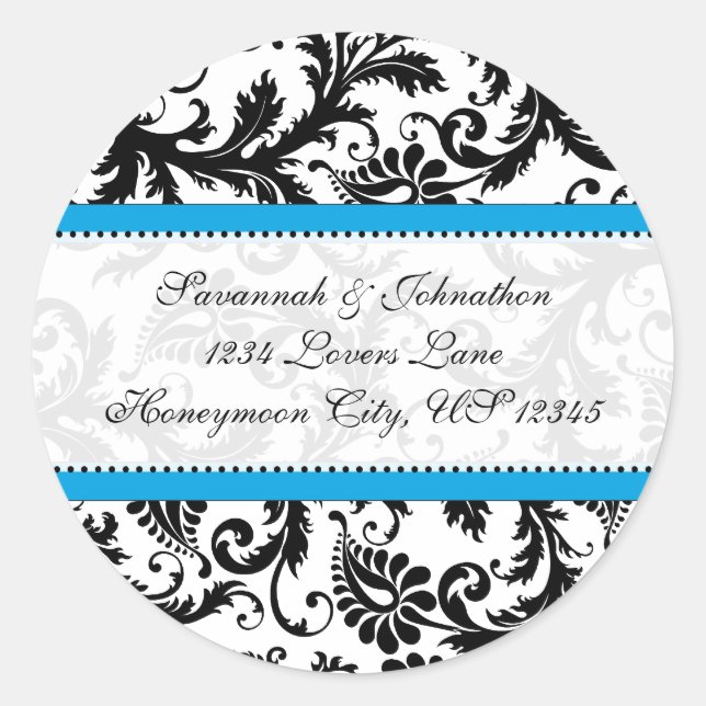 Sticker Rond Phoque Mariage Damask noir Aquamarine Trim (Devant)