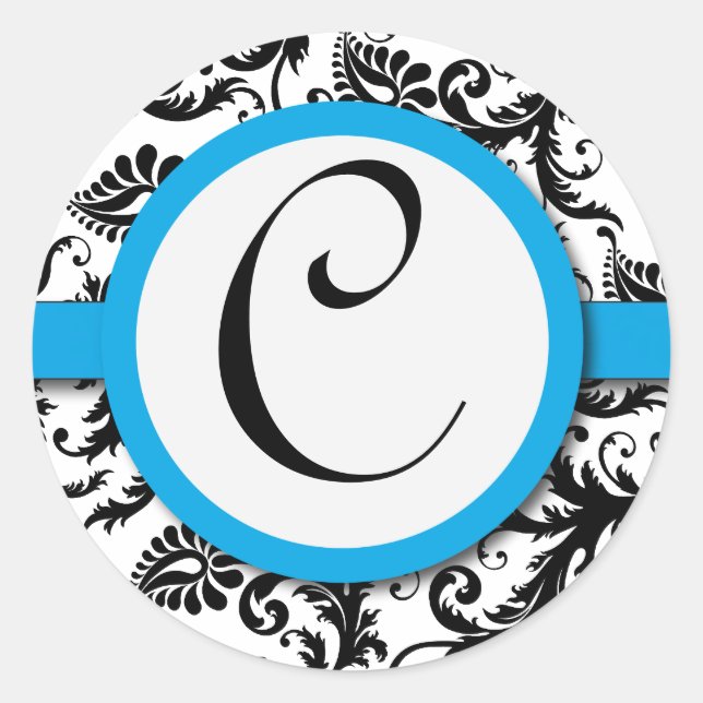 Sticker Rond Phoque Mariage Damask noir Aquamarine Trim (Devant)