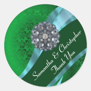 Sticker Rond Phoque mariage damassé vert et rose