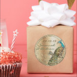 Sticker Rond Phoque Mariage Inséparable Peacock or<br><div class="desc">Golden Aqua et Brown Peacock Mariages Plus Shabby Country Peacock Invitations</div>