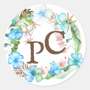 Sticker Rond Phoque Mariage Monnogramme bleu Tropical