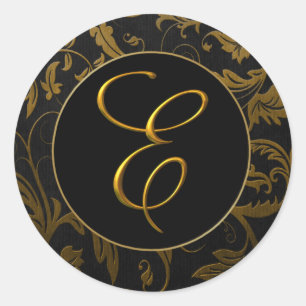 Sticker Rond Phoque Monogram E Gold et Black Mariage damassé