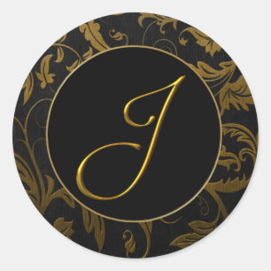 Sticker Rond Phoque Monogram J Gold et Black Mariage damassé