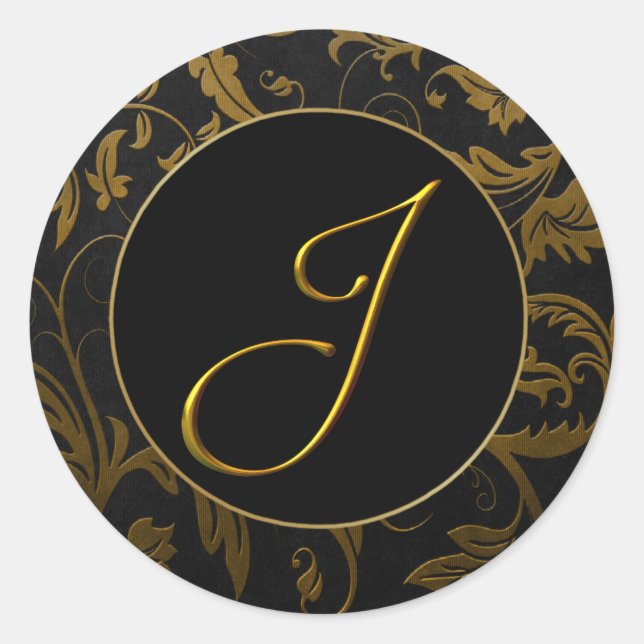 Sticker Rond Phoque Monogram J Gold et Black Mariage damassé (Devant)