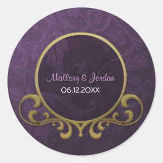 Sticker Rond Phoque Plum et or Mariage damassé - Personnaliser