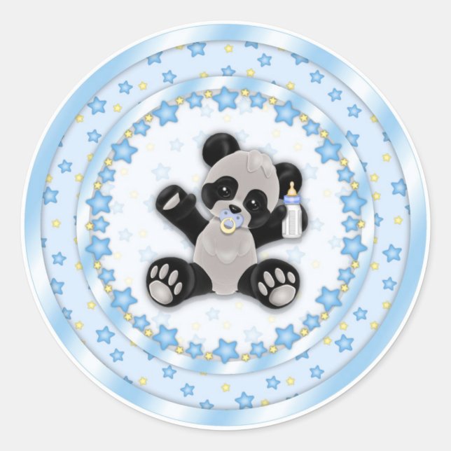 Sticker Rond Phoques de Baby shower Panda Bébé Bleu Cute (Devant)