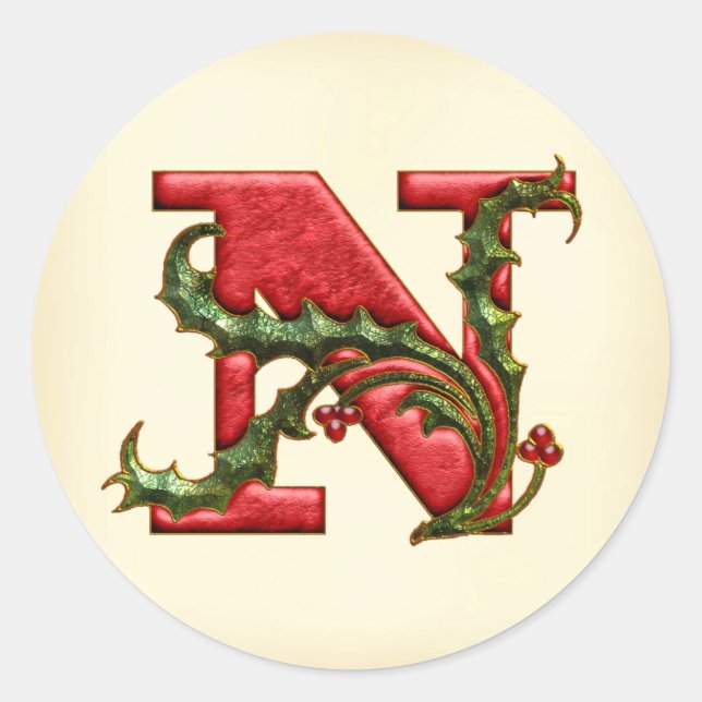 Sticker Rond Phoques de l'enveloppe de Noël Holly Monogram N (Devant)