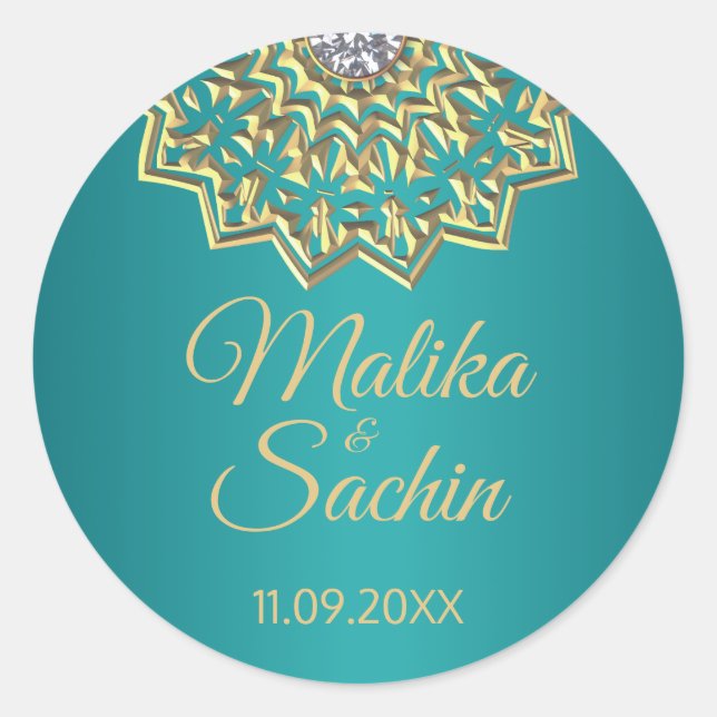 Sticker Rond Phoques de Mariage indien Mandala Flower Turquoise (Devant)