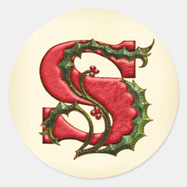 Sticker Rond Phoques d'enveloppe de Noël Holly Monogramme S (Devant)