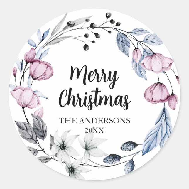 Sticker Rond Phoques d'enveloppe rose fleurie de Noël (Devant)