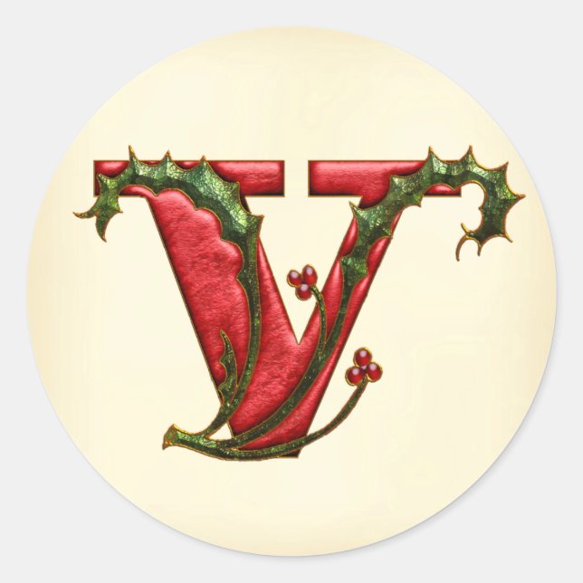 Sticker Rond Phoques d'enveloppe V de Noël Holly Monogram (Devant)