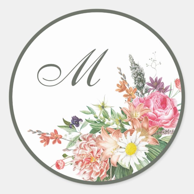 Sticker Rond Phoques d'enveloppes Mariages de monogramme floral (Devant)