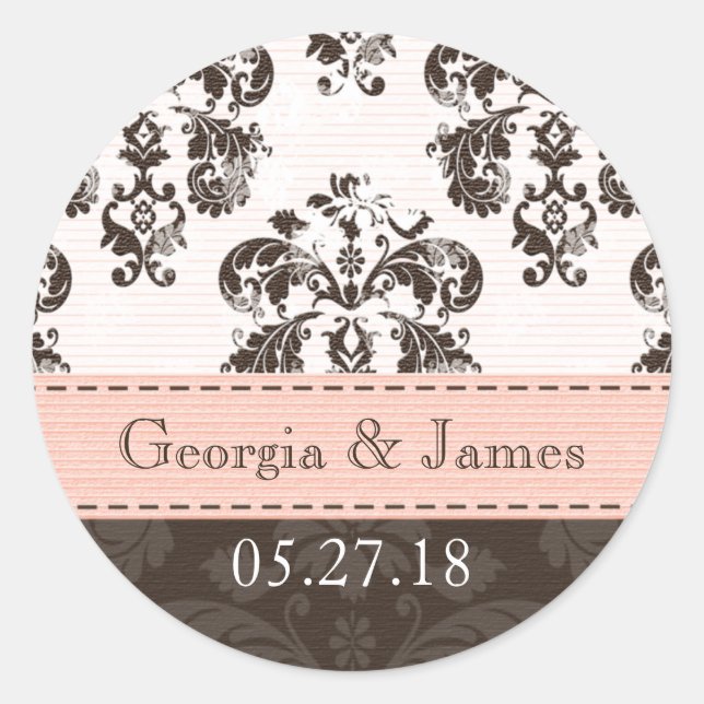 Sticker Rond Phoques Mariage damassé Brown et roses personnalis (Devant)