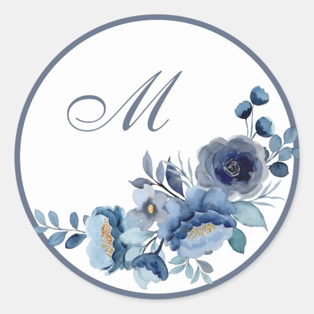 Sticker Rond Phoques Mariages Monogrammes à fleurs bleues (Devant)