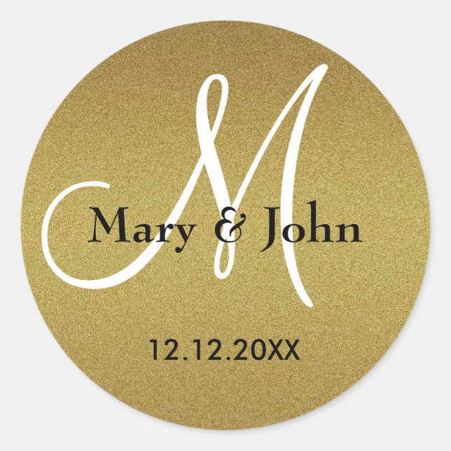 Sticker Rond Phoques Monogrammes Mariage en or chatoyant (Devant)