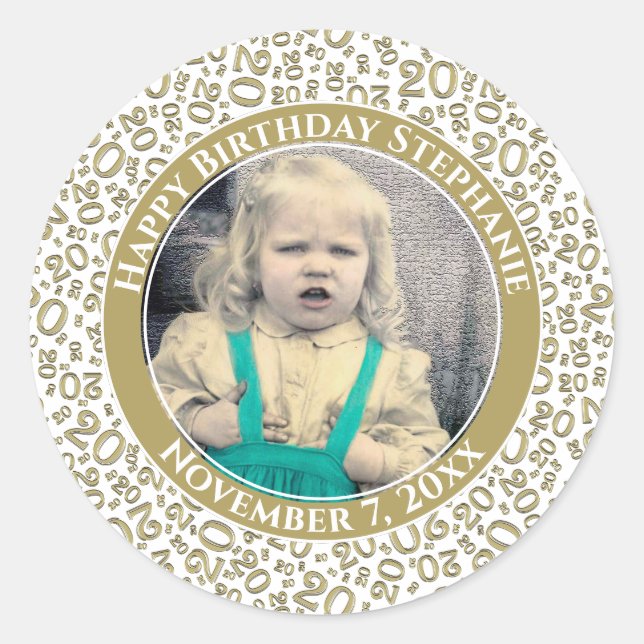 Sticker Rond Photo | 20e Motif de nombre aléatoire Gold/White (Devant)