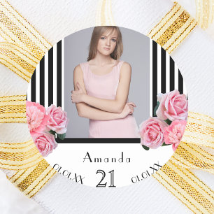 Sticker Rond Photo 21e anniversaire noir rayures blanches flora