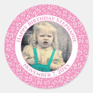 Sticker Rond Photo 25ème motif numérique aléatoire rose/blanc