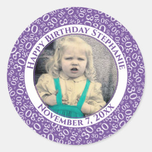 Sticker Rond Photo 30ème motif de nombre aléatoire violet/blanc