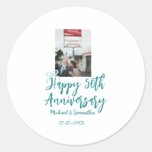 Sticker Rond Photo 50e anniversaire de mariage ruban turquoise