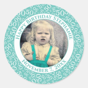 Sticker Rond Photo 50th Party nombre aléatoire Motif Turquoise