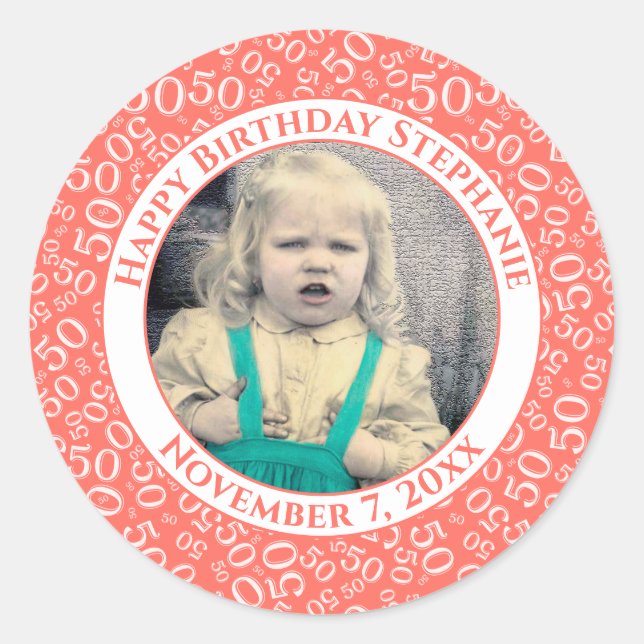 Sticker Rond Photo 50th Party Random Number Motif Coral (Devant)