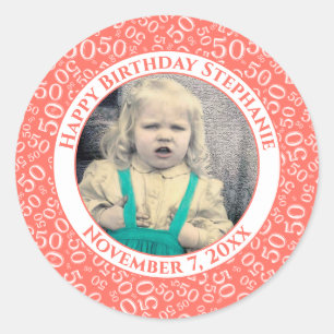 Sticker Rond Photo 50th Party Random Number Motif Coral
