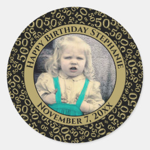 Sticker Rond Photo 50th Party Random Number Motif Gold