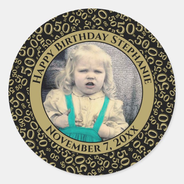 Sticker Rond Photo 50th Party Random Number Motif Gold (Devant)