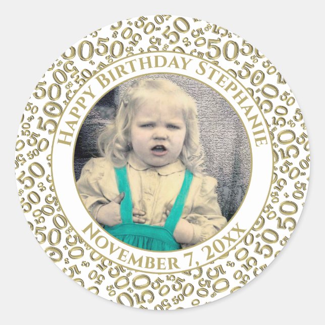Sticker Rond Photo 50th Party Random Number Motif Gold (Devant)
