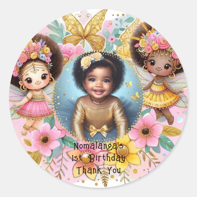 Sticker Rond Photo Anniversaire Little Black Fairy African Pink (Devant)