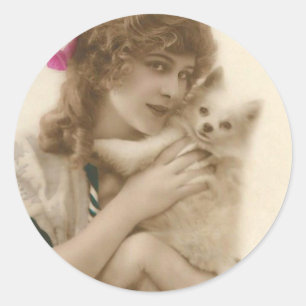 Sticker Rond Photo antique Victorian Woman and Dog