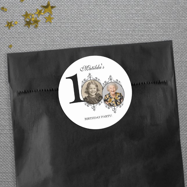 Sticker Rond Photo Black White Elegant 100th Birthday Party (Photo Black White Elegant 100th Birthday Party Classic Round Sticker)