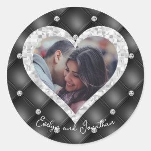 Sticker Rond Photo Coeur personnalisé Mariage Diamants Noir & A