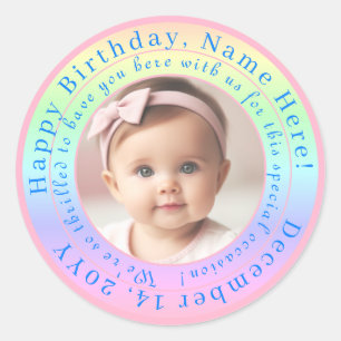 Sticker Rond Photo customisée Bébé rose et bleu Couleurs arc-en