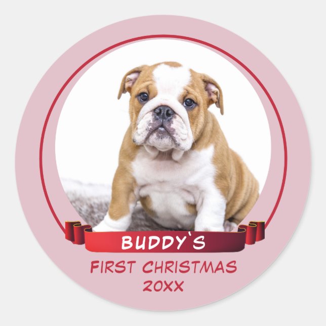 Sticker Rond Photo Cute Pink Puppy 1st Christmas Dog (Devant)
