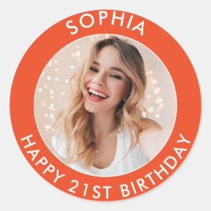 Sticker Rond Photo d'anniversaire 21 coloré moderne orange