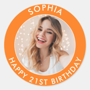 Sticker Rond Photo d'anniversaire 21 coloré moderne Orange Joye