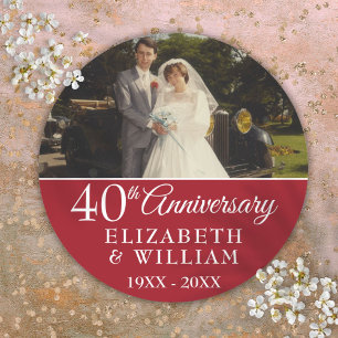 Sticker Rond Photo de 40e anniversaire de mariage élégant rubis