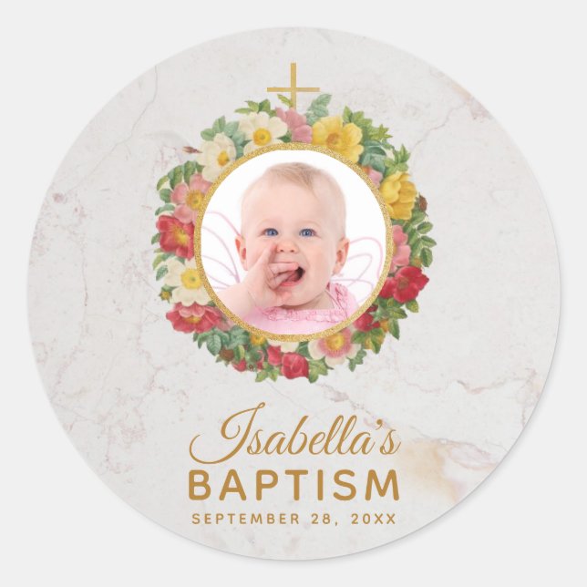 Sticker Rond Photo de baptême de fille dans une couronne de ros (Devant)