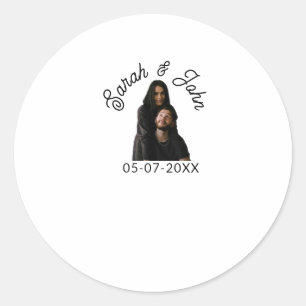 Sticker Rond Photo de couple avec nom et date simple mariage