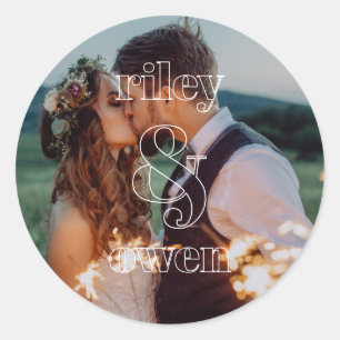 Sticker Rond Photo de couple de mariage avec monogramme moderne