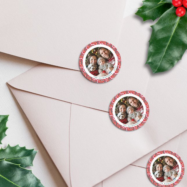Sticker Rond Photo de famille de chien moderne rouge et sarcell (Modern Red & Teal Bone Pattern Dog Family Photo Classic Round Sticker - on envelopes)