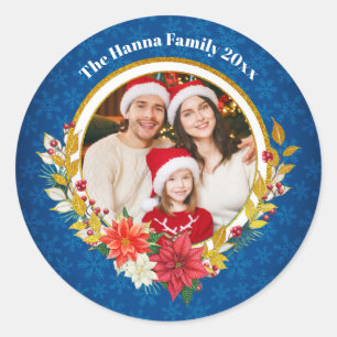 Sticker Rond Photo de famille et poinsettia Cadeau de Noël joye