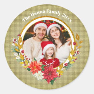 Sticker Rond Photo de famille et poinsettia Cadeau de Noël joye