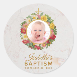Sticker Rond Photo de fille Baptême en Rose Wreath Script