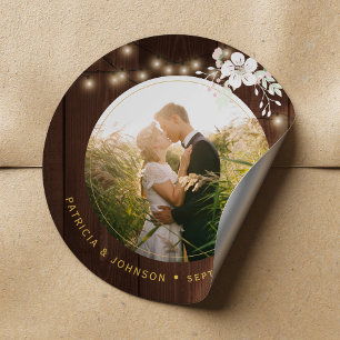Sticker Rond Photo de mariage d'hiver rustique bois personnalis